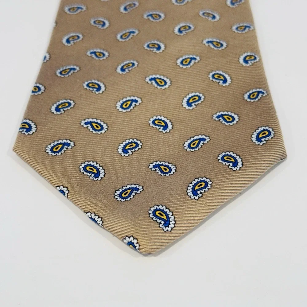 Brooks Brothers 346 Pure Silk‎ Tie Made in USA Gold w Blue White Micro Paisley